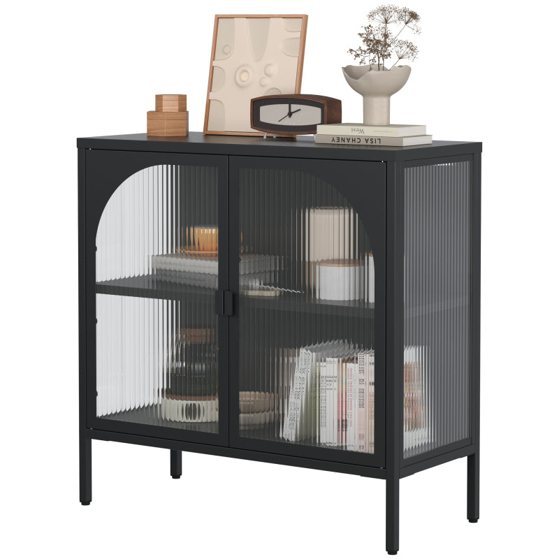 Metallseitenbrett-Schrank, Akzent-Speicherschrank mit 2 Glasklappen, Moderner Kaffebar-Schrank mit Einstellbaren Regalen für Küche, Wohnzimmer und Flur, eisenhaltig, H80cm×B80cm×T35cm