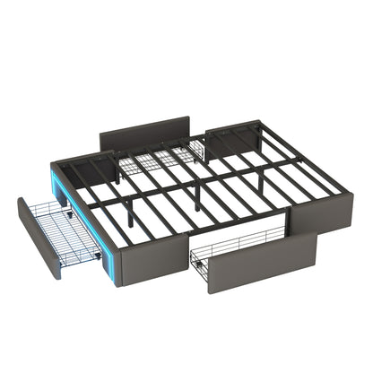 Bettgestell 140X200 mit Schubladen, PU-Leder Bett ohne Kopfteil Mit LED-Lichtleiste, MetalllattenPlattformbett für moderne Schlafzimmer Grau