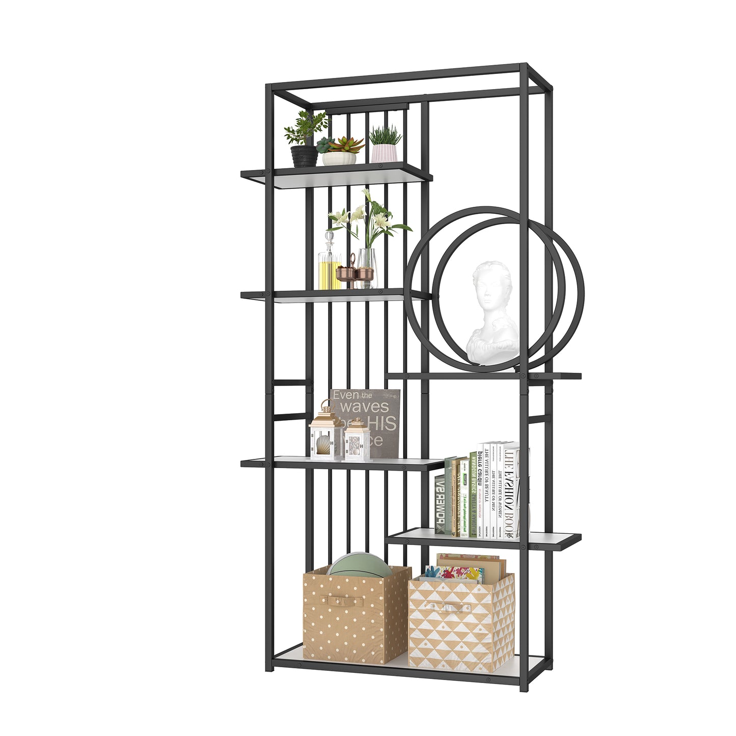 Metallregal im modernen Stil, solides Stahlrohr, geometrische Struktur, mehrstufiges Design, runde Dekoration, geeignet für die Inneneinrichtung