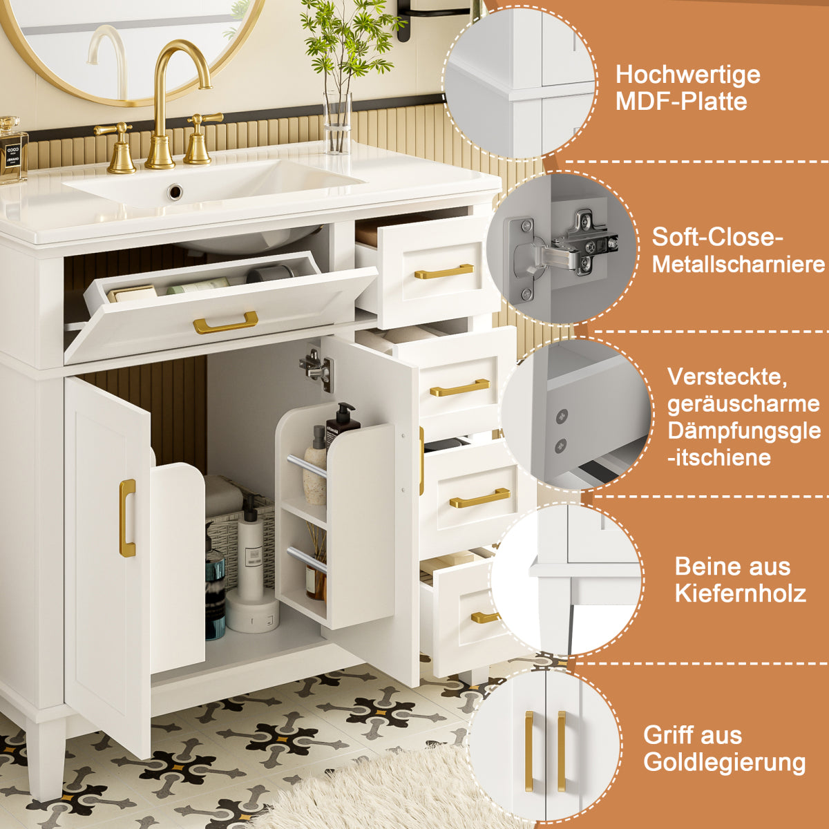 Badezimmer-Unterschrank 90×46×87 cm, weiß lackiert, Keramikwaschbecken, leise Schubladendämpfung, Massivholzbeine, viel Stauraum, goldene Griffe
