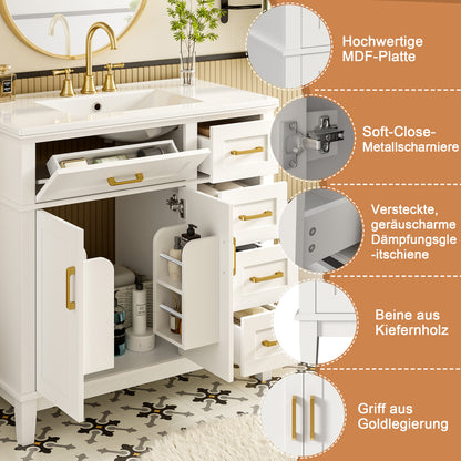 Badezimmer-Unterschrank 90×46×87 cm, weiß lackiert, Keramikwaschbecken, leise Schubladendämpfung, Massivholzbeine, viel Stauraum, goldene Griffe