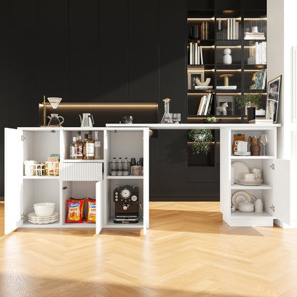 360° Drehbarer Bartisch 210cm L-Form Kücheninsel mit Marmor-Optik Arbeitsplatte, Moderner Tresen & Aufbewahrungsschrank Weiß, Sideboard