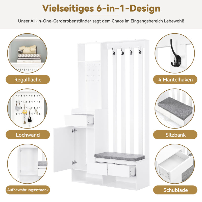 Flurgarderobe mit gepolsterter Aufbewahrungsbank, multifunktionaler Flur-Schuhschrank mit Stecktafel, moderne Garderobe mit 4 Haken für Eingangsbereich, Waschküche, Weiß,H180/B100/T35 cm