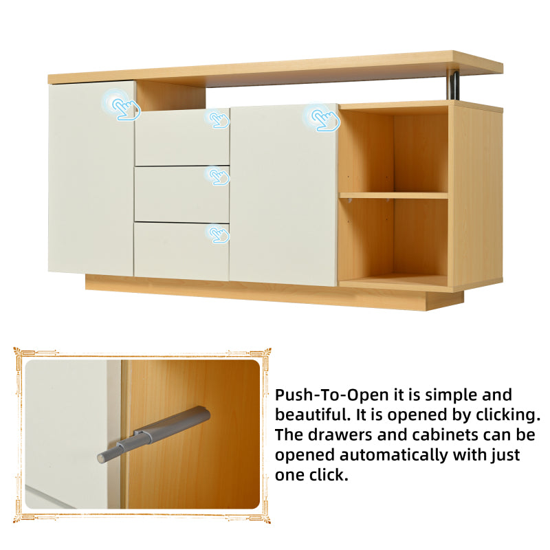 Multifunktionales Sideboard, Länge 140 cm, weiß und Holzimitat - 2 Türen, 3 Schubladen, 2 offene Fächer, mit LED-Beleuchtung