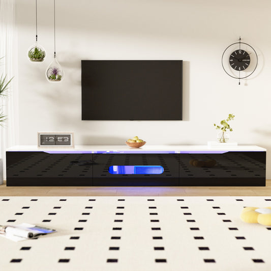 Schwarz-weißer TV-Schrank, 180 cm lang, Hochglanzoberfläche, mit 16-farbiger LED-Beleuchtung, wandmontierbar