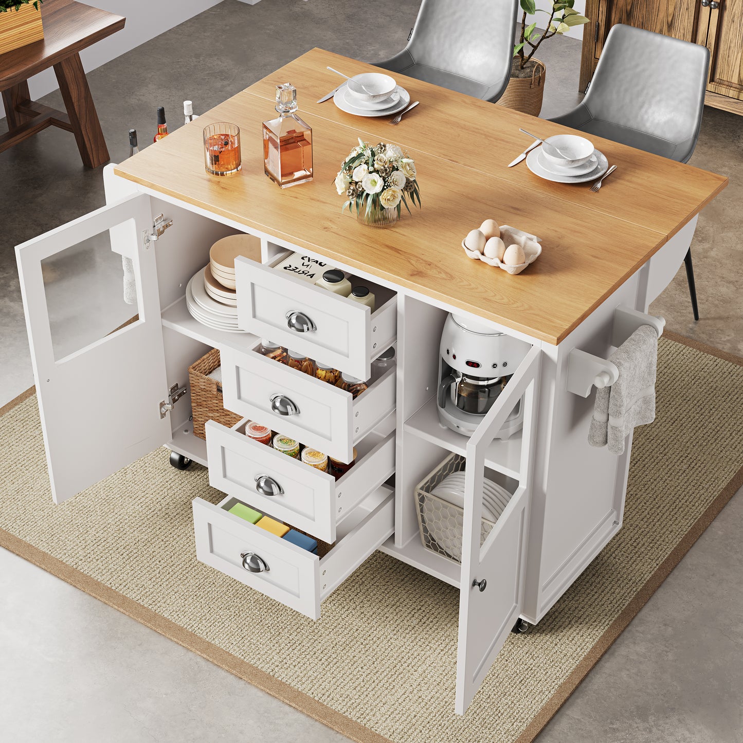 Kücheninsel,Küchenschrank,Buffetschrank,120x73(45)x93cm,ausziehbarer Küchenwagen mit Rollen, Handtuchhalter, Gewürzregal, verstellbaren Einlegeböden, zwei Türen, vier Schubladen, weiß