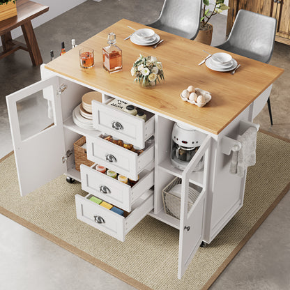 Kücheninsel,Küchenschrank,Buffetschrank,120x73(45)x93cm,ausziehbarer Küchenwagen mit Rollen, Handtuchhalter, Gewürzregal, verstellbaren Einlegeböden, zwei Türen, vier Schubladen, weiß