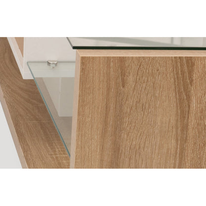 TV-Schränke, Lowboards, Kombination aus Hochglanzweiß und Holzfarben. Glastrennwände und variable LED-Beleuchtung. Es kombiniert natürlichen Landhausstil mit modernem Design.