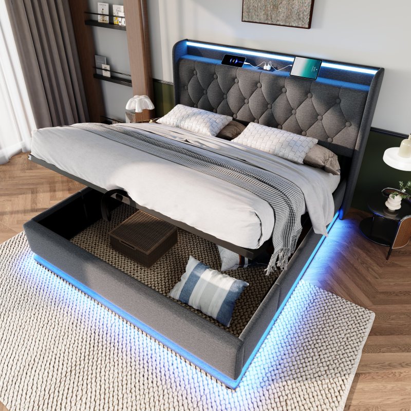 Polsterbett Doppelbett, 360-Surround-LED-Funktion, Drucktaste/App/Fernbedienung,160*200 cm,Grau Leinen-Material Hydraulisches Lagerbett, gepolstertes Kopfteil mit USB Typ-C Ladefunktion(Mit Matratze)