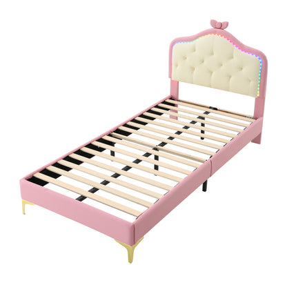 Polsterbett, Einzelbett, Wellenform mit Zugpunkt am Kopfende des Bettes, rosa Schleife, mit mehrfarbigen, wechselnden LED-Streifen, Kinderbett mit Holzlatten, Einzelbett, PU, rosa Bettrahmen, 90x200cm