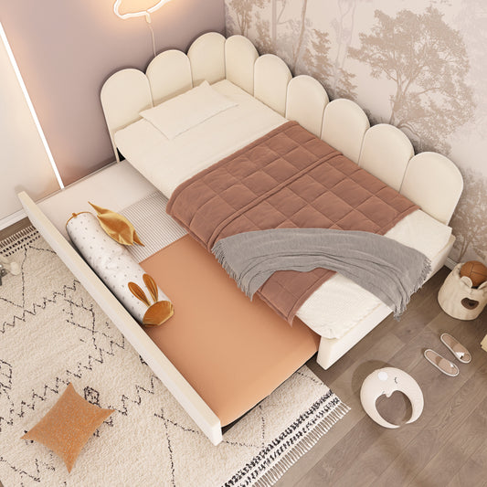 Polsterbett Daybett 90x200cm,Tagesbett Schlafsofa mit Ausziehbett 90x190cm, Kinderbett mit Lattenrost, Samt,Beige, ohne Matratze
