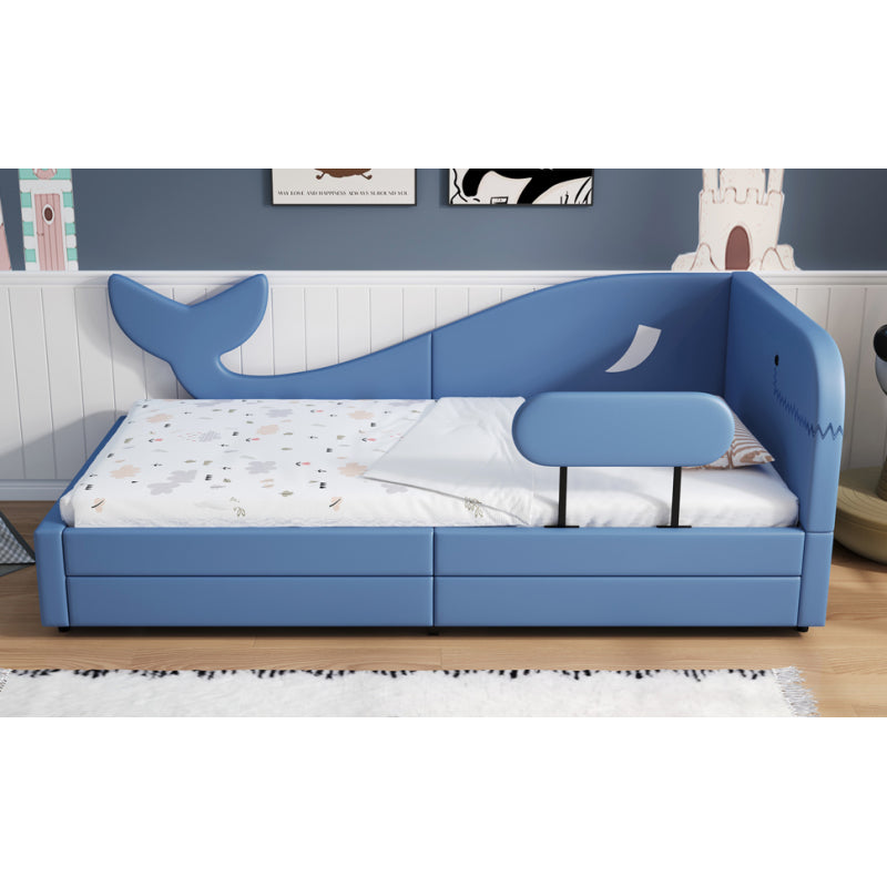 Kinder-Spleißbett, Polsterbett, Tagesbett, Walförmiges Design, Schlafsofa mit Metallbettgestell, 2 Schubladen auf Rollen, PU+MDF+Sperrholz, Blau, 90x200cm