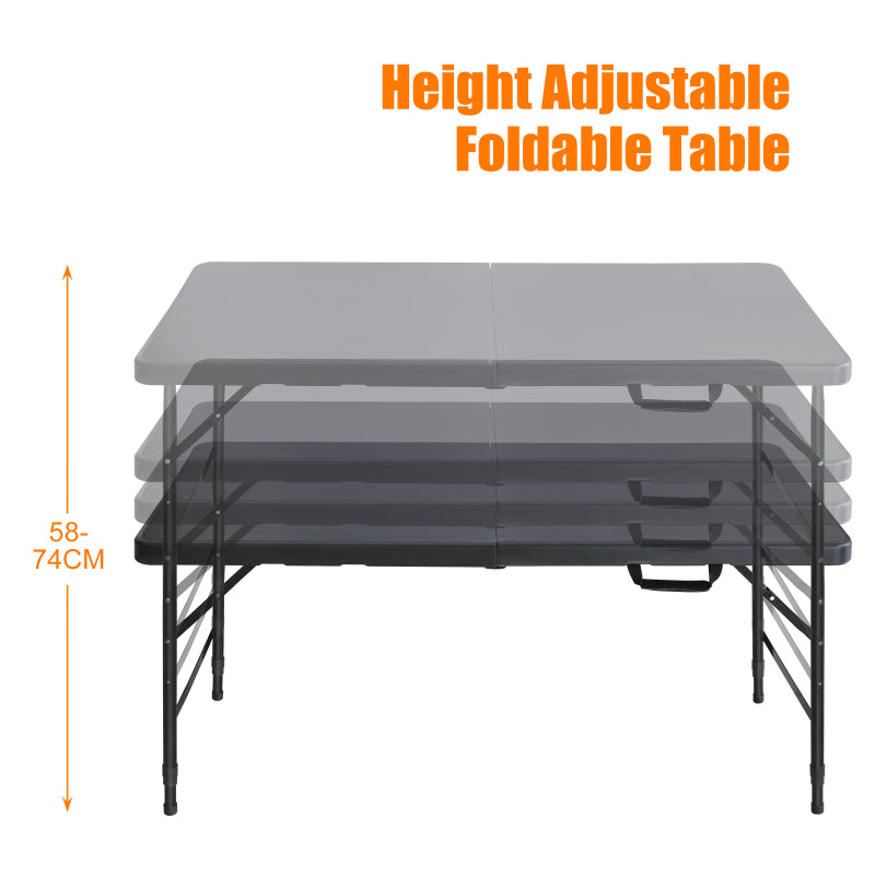 125cm Portable Heavy Duty Folding Table with Handle, Adjustable Height Foldable Table, Multi-Functional Fold up Table for Camping Picnic Parties Indoor/Outdoor, Capacity Weight 135KG (Black)