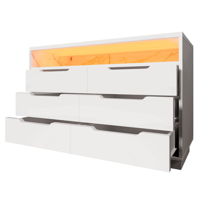 Sideboard, Kommode mit LED-Beleuchtung und 6 Schubladen, Staufach mit Marmorkorn, Moderner Schrank für Wohnzimmer und Schlafzimmer, 120x40x85cm, Weiß
