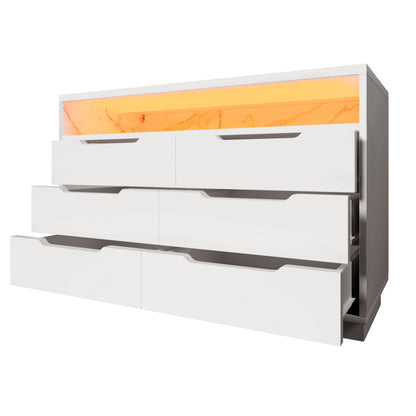 Sideboard, Kommode mit LED-Beleuchtung und 6 Schubladen, Staufach mit Marmorkorn, Moderner Schrank für Wohnzimmer und Schlafzimmer, 120x40x85cm, Weiß