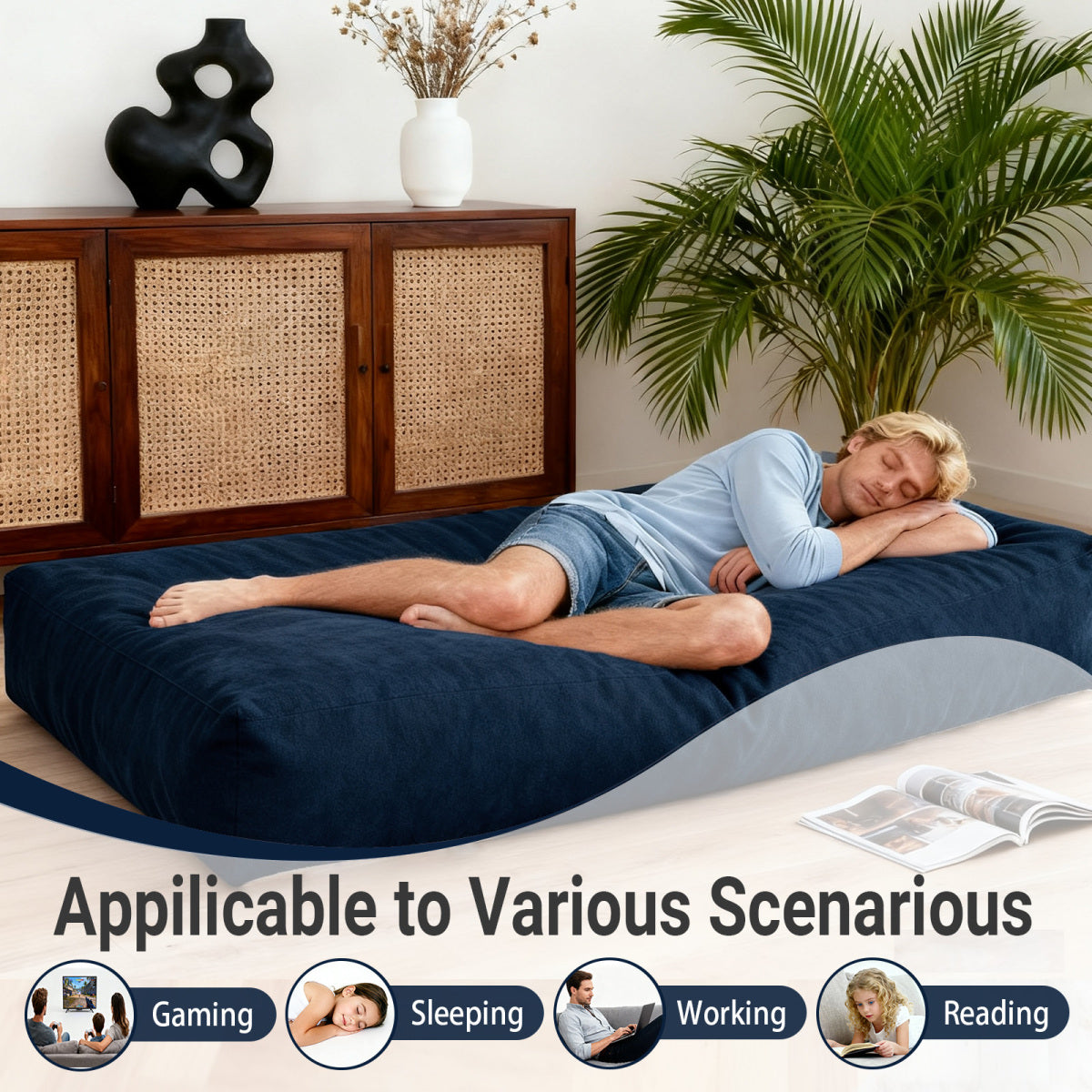 DBC-LANSE 2-in-1 Sitzsack & Gästebett - Wandelbarer Sessel aus Chenille - Ergonomisches Design - Blau