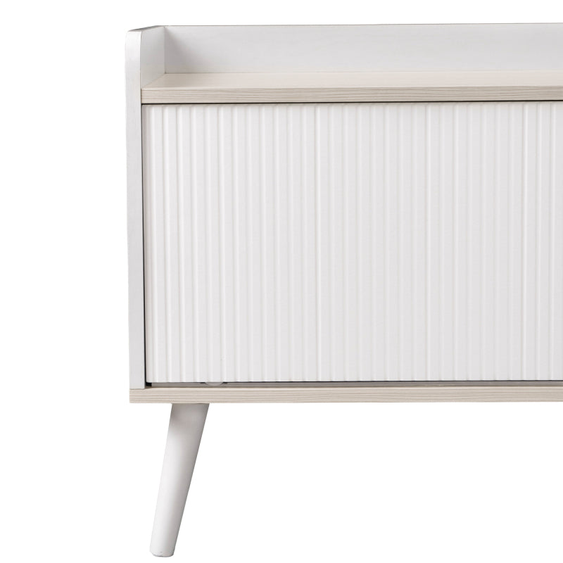 TV-Schrank mit zwei Schubladen, Fernsehtisch TV Board, TV- Lowboard niedrige Platte mit zwei Schiebetüren. Exquisite Textur. Weiß und natürliches Holzfarbe. H58/L160/T40 cm.