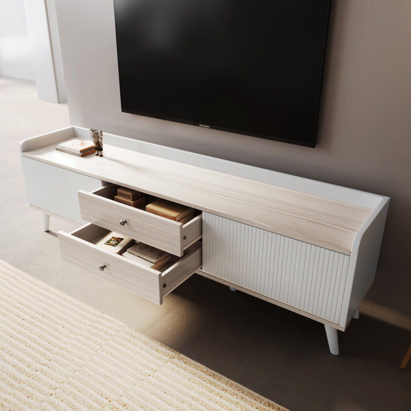 TV-Schrank mit zwei Schubladen, Fernsehtisch TV Board, TV- Lowboard niedrige Platte mit zwei Schiebetüren. Exquisite Textur. Weiß und natürliches Holzfarbe. H58/L160/T40 cm.