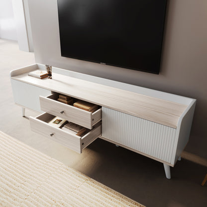 TV-Schrank mit zwei Schubladen, Fernsehtisch TV Board, TV- Lowboard niedrige Platte mit zwei Schiebetüren. Exquisite Textur. Weiß und natürliches Holzfarbe. H58/L160/T40 cm.