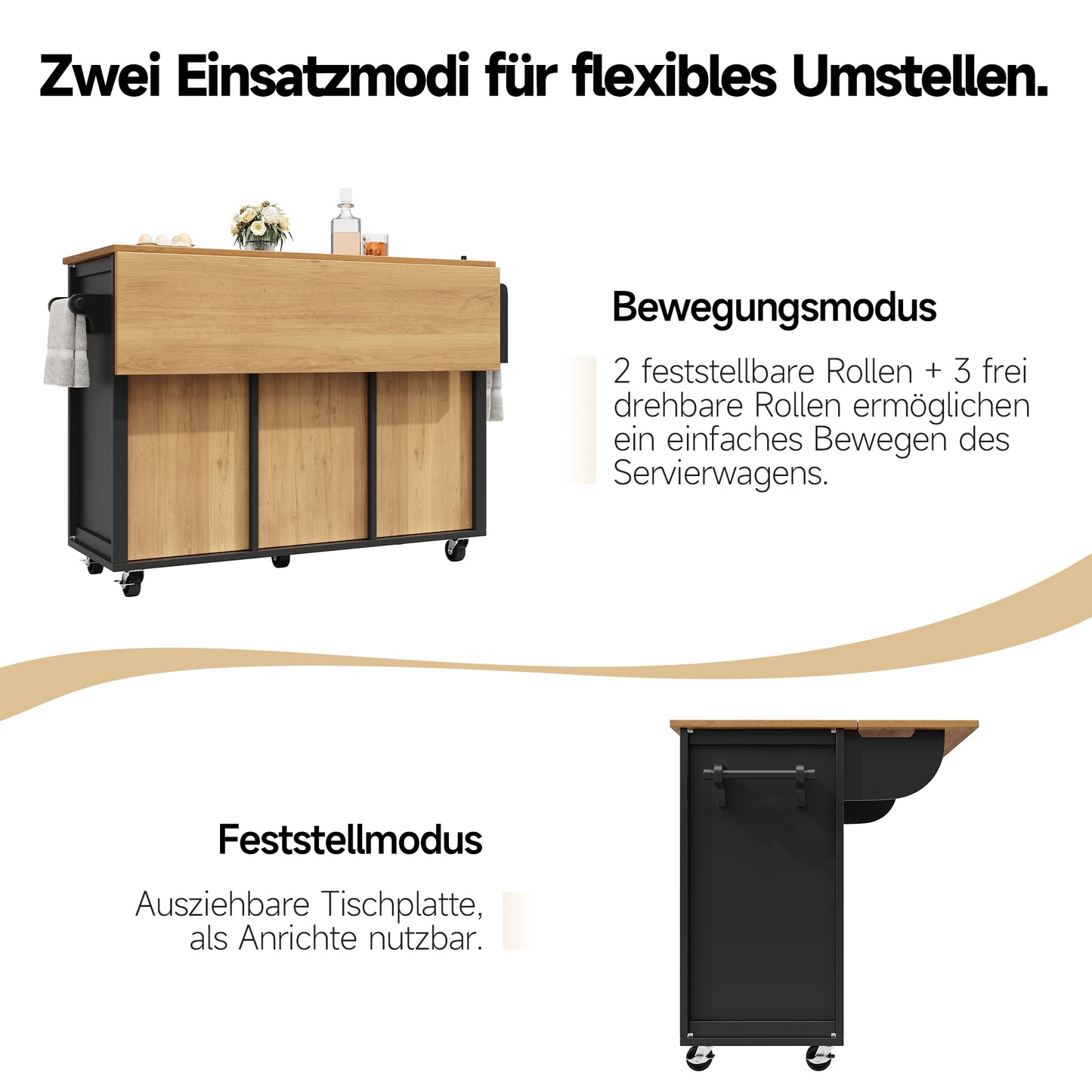Kücheninsel Küchenwagen auf Rollen 120x73x93cm ausziehbarer Küchenschrank Buffetschrank mit Gewürzregal Handtuchhalter 2 Türen 4 Schubladen Schwarz
