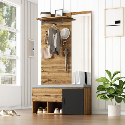 Garderoben Set in Holzoptik mit Spiegel, Schuhbank (104 x 39 cm) mit Polster, Schuhschrank, Schublade, Regal, Kleiderhaken – Praktisches Design für den Eingangsbereich