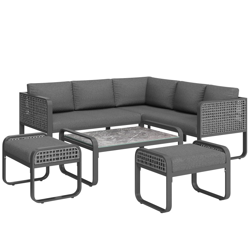 Garten-Lounge-Set, Rattan-Möbel-Set für 6-7 Personen, Ecksofa mit verzinktem Eisengestell, verstellbare Beine, inklusive aller Sitz- und Rückenkissen, grau