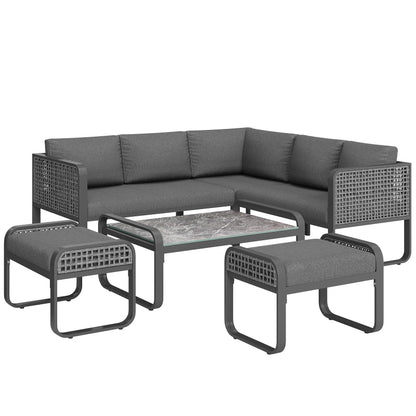 Garten-Lounge-Set, Rattan-Möbel-Set für 6-7 Personen, Ecksofa mit verzinktem Eisengestell, verstellbare Beine, inklusive aller Sitz- und Rückenkissen, grau