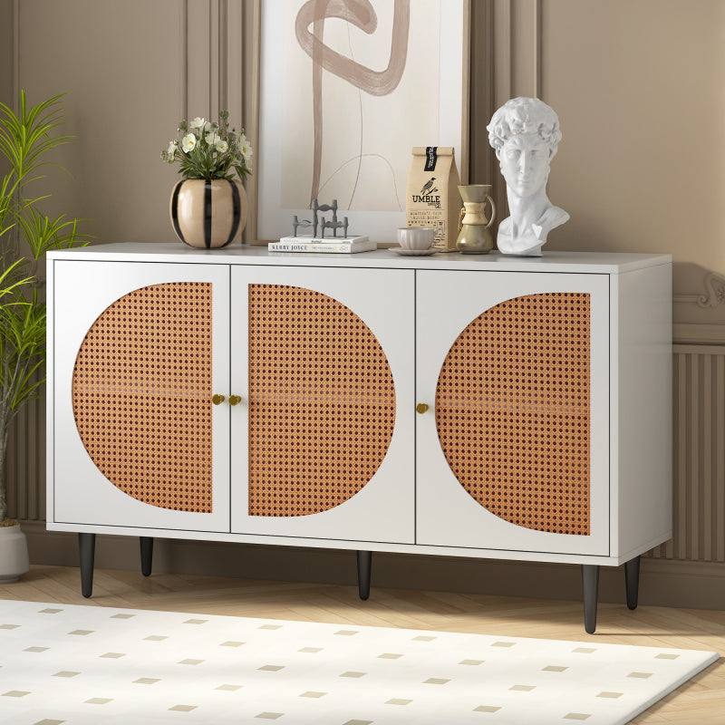 Sideboard mit 3 Rattan verzierten Türen Kommode Highboard mit Metallgriffe, für Schlafzimmer & Wohnräume & Büro, Weiß,129.8x 40x 76cm