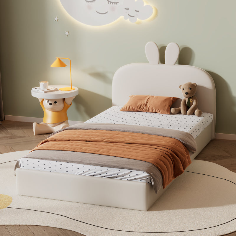 Kaninchen Kopfteil Polsterbett, Kinderbett mit Holzlatten, Einzelbett, Samt, Beige, 90x200cm