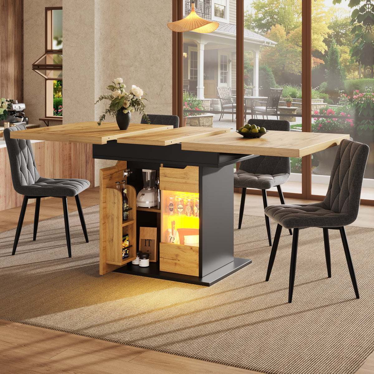 Ausziehbarer Esstisch 110-140x80cm mit LED-App-Steuerung & USB, Küchentisch Schwarz/Natur mit Glas-Schranktüren & Snackregal