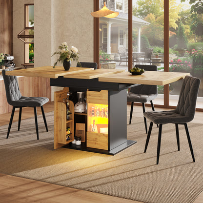 Ausziehbarer Esstisch 110-140x80cm mit LED-App-Steuerung & USB, Küchentisch Schwarz/Natur mit Glas-Schranktüren & Snackregal