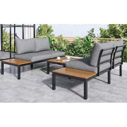 Garten-Lounge-Set (2 Zweisitzer, 2 Beistelltische, 1 Tisch), Tischplatte aus massiver Akazie, Stoffbezug für Rückenlehne, grau(previous sku:HW00005AAE)