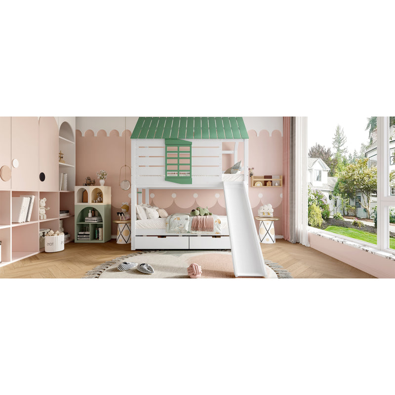 90X200 Haus-Etagenbett mit Rutsche und 2 Schubladen, Weiß+Grün