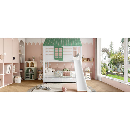 90X200 Haus-Etagenbett mit Rutsche und 2 Schubladen, Weiß+Grün