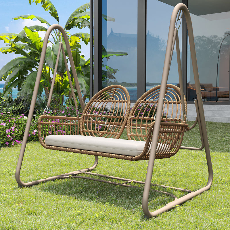 Gartenschaukel, Hollywoodschaukel mit Rückenlehne, Gartenmöbel-Set für den Außenbereich,Doppelschaukel aus PE-Rattan, 2 Sitze, Brauner Sitzrahmen und beiges Kissen