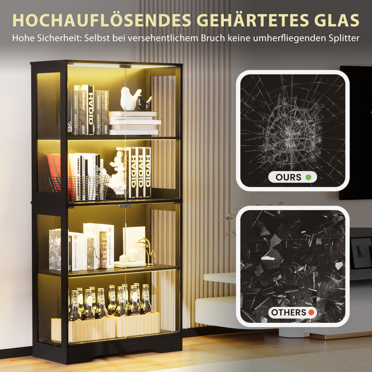 Glasvitrine Schwarz 165 cm hoch, Vitrinenschrank mit LED (3 Farben) & Bewegungssensor, 4 verstellbare Böden