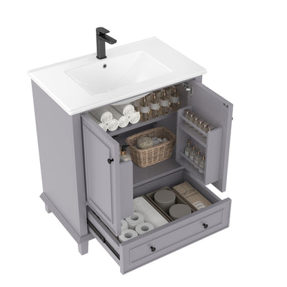 76x46x87cm Bodenstehender Badezimmerschrank mit Waschbeck, Waschtisch,Beine aus Massivholz, MDF-Material, feuchtigkeits- und wasserdicht, großer Stauraum, integriertes Keramikwaschbecken, Grau