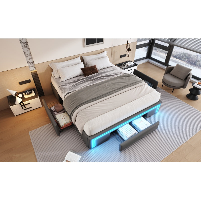 Bettgestell 160X200 mit Schubladen, PU-Leder Bett ohne Kopfteil Mit LED-Lichtleiste, MetalllattenPlattformbett für moderne Schlafzimmer Grau