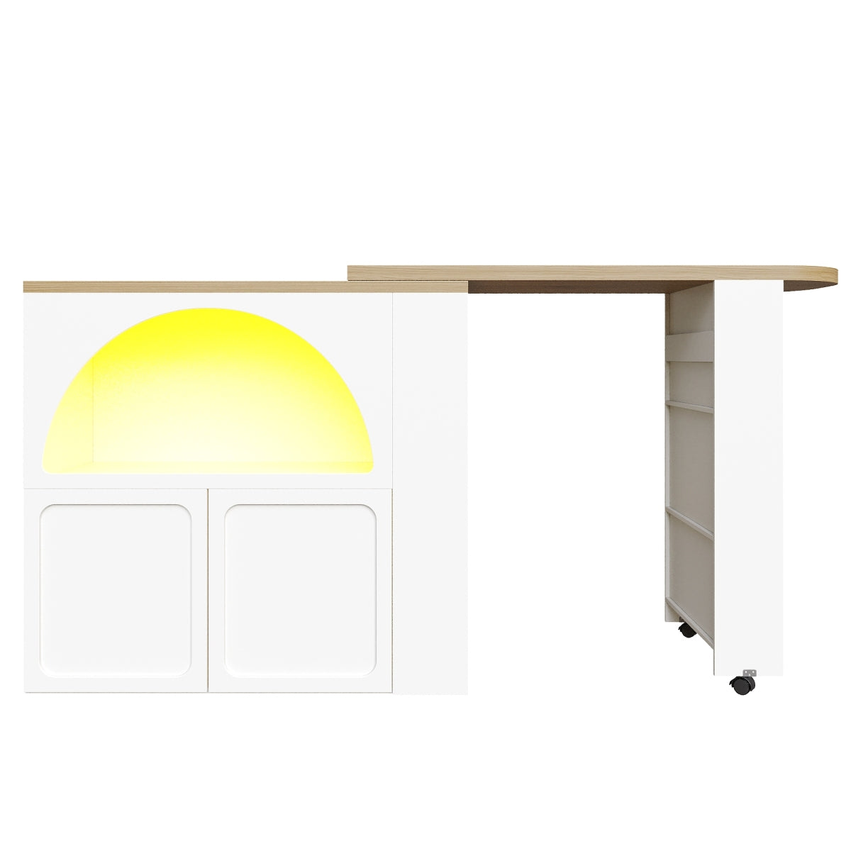 Ausziehbarer Bartisch 135-205cm mit LED & USB, Mobiler Hochtisch Weiß, Teleskop-Kücheninsel mit Stauraum & Soft-Close, Modernes Bogendesign