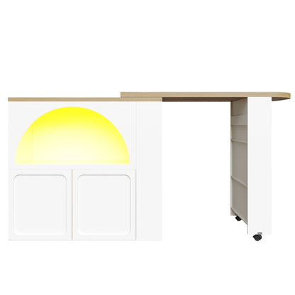 Ausziehbarer Bartisch 135-205cm mit LED & USB, Mobiler Hochtisch Weiß, Teleskop-Kücheninsel mit Stauraum & Soft-Close, Modernes Bogendesign
