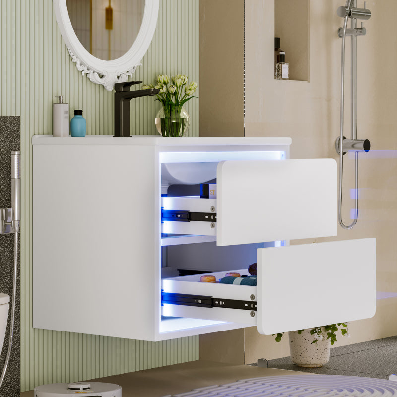 60x46x50cm Wandhängend Badezimmerschränke, komplett lackiert, LED-Radarsensor-Beleuchtung, zwei Schubladen, leise Gleitschienen, Waschtisch,integriertes Waschbecken, weiß