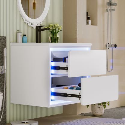 60x46x50cm Wandhängend Badezimmerschränke, komplett lackiert, LED-Radarsensor-Beleuchtung, zwei Schubladen, leise Gleitschienen, Waschtisch,integriertes Waschbecken, weiß