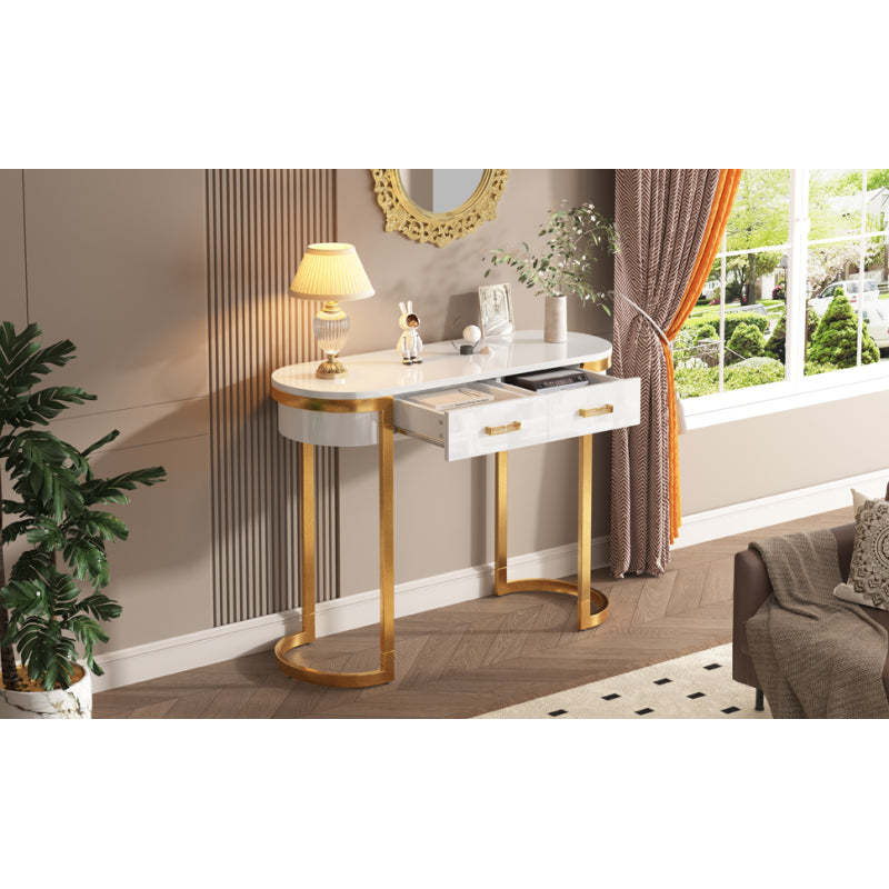 100 x 40 x 76 cm, Moderner und schlichter weißer Hochglanz-Sofa-Beistelltisch, Wohnzimmer-Konsolentisch,  Schreibtisch mit 2 Schubladen, geeignet für Wohnzimmer, Schlafzimmer, Büro, Flur
