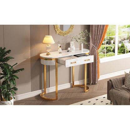 100 x 40 x 76 cm, Moderner und schlichter weißer Hochglanz-Sofa-Beistelltisch, Wohnzimmer-Konsolentisch,  Schreibtisch mit 2 Schubladen, geeignet für Wohnzimmer, Schlafzimmer, Büro, Flur
