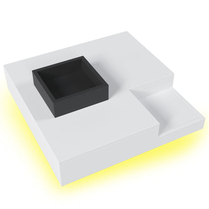 Couchtisch, Hochglanz-Wohnzimmertisch, Beistelltisch mit abnehmbarer Aufbewahrungsbox, Farbblockweiß und Schwarz, 72*72*30 cm, Mit LED-Lichteffekt