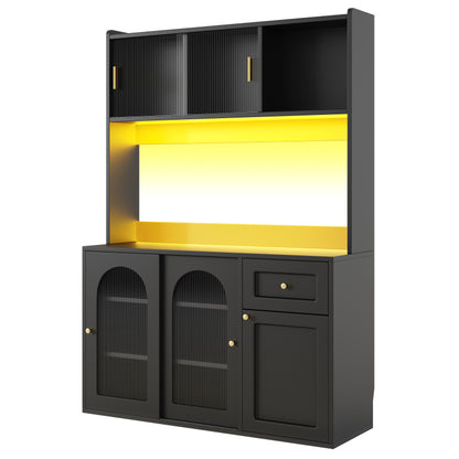 Küchenschrank, Esszimmerschrank, Sideboard mit LED-Beleuchtung, schwarz