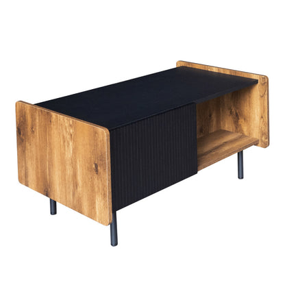 90 cm Schwarze und Holzfarbene Couchtisch – Moderner Stil, Zwei Offene Fächer und Zwei Türen, Dämpfende Scharniere