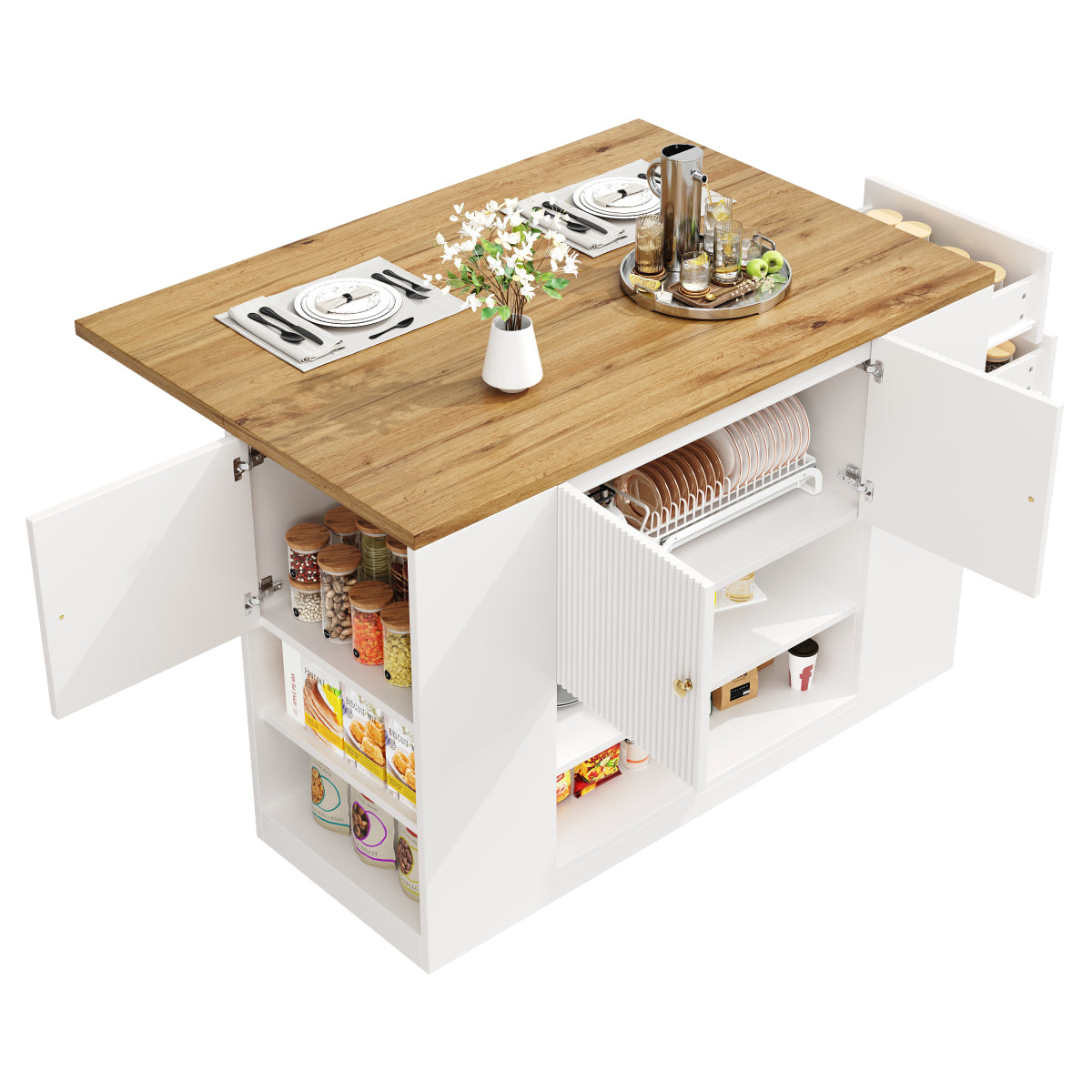 Moderne Kücheninsel Weiß, Küchenschrank mit klappbarer Arbeitsplatte, Sideboard mit Schubladen & Regalen, Esstisch & Servierwagen, 140x70cm