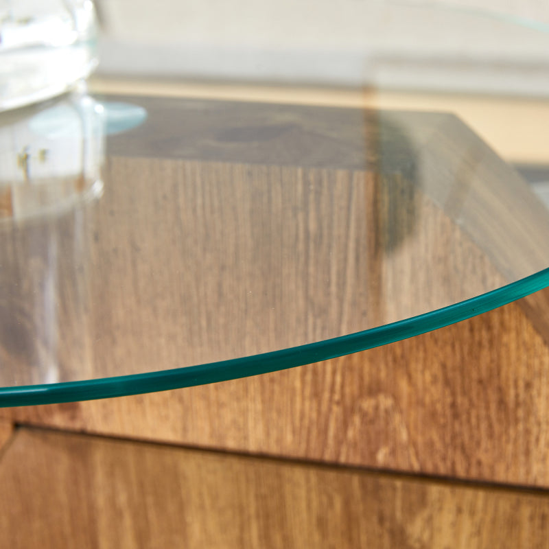 Moderner minimalistischer gehärteter Glas-Couchtisch, mehrschichtiges Design, mit natürlichen Holz-Textur-Aufklebern