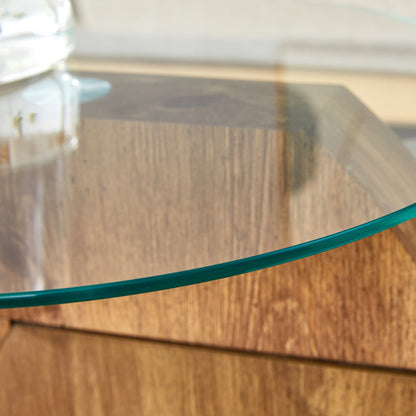 Moderner minimalistischer gehärteter Glas-Couchtisch, mehrschichtiges Design, mit natürlichen Holz-Textur-Aufklebern
